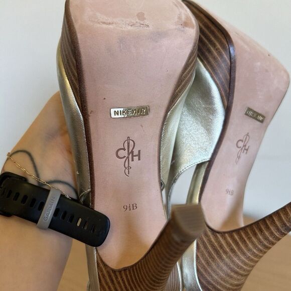 Cole Haan Gold Leather Sling Back‎ Open Toe Platforms Sandal Size 9.5 B - Picture 3 of 9